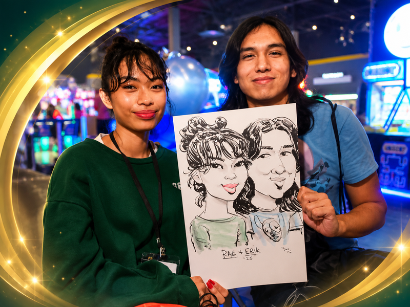 College couple holding a caricature at an arcade campus event