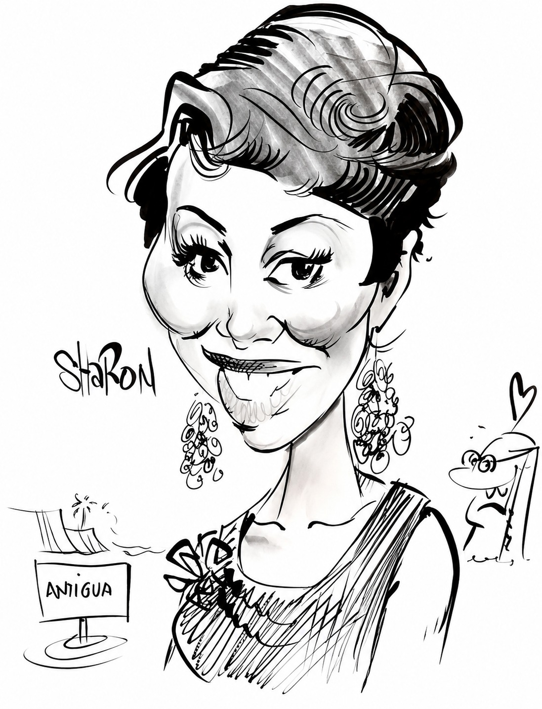 Black-and-white caricature of Sharon with hoop earrings and an Antigua sign