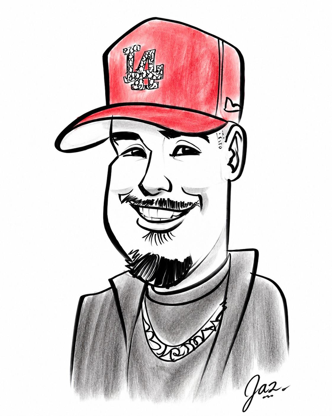 Color caricature of a smiling man in a red LA cap and chain necklace, signed Jaz