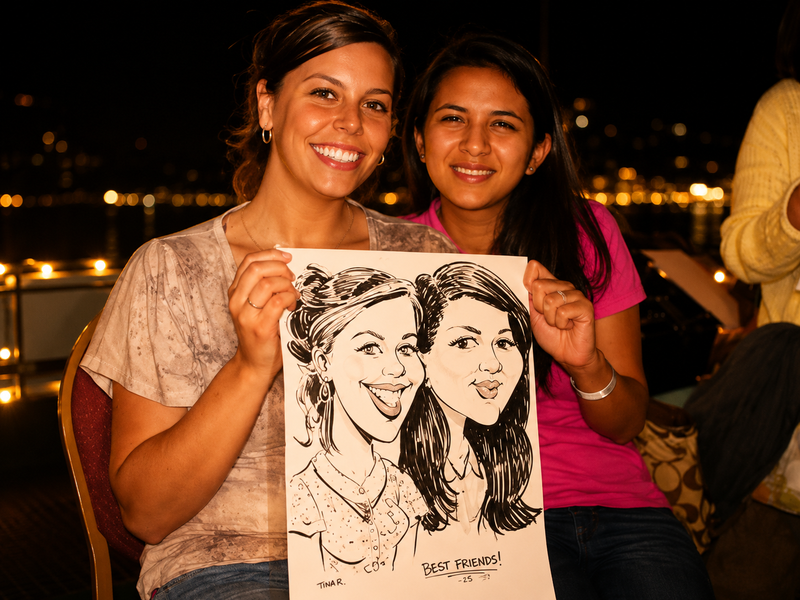 Two best friends holding a duo caricature at an evening family celebration