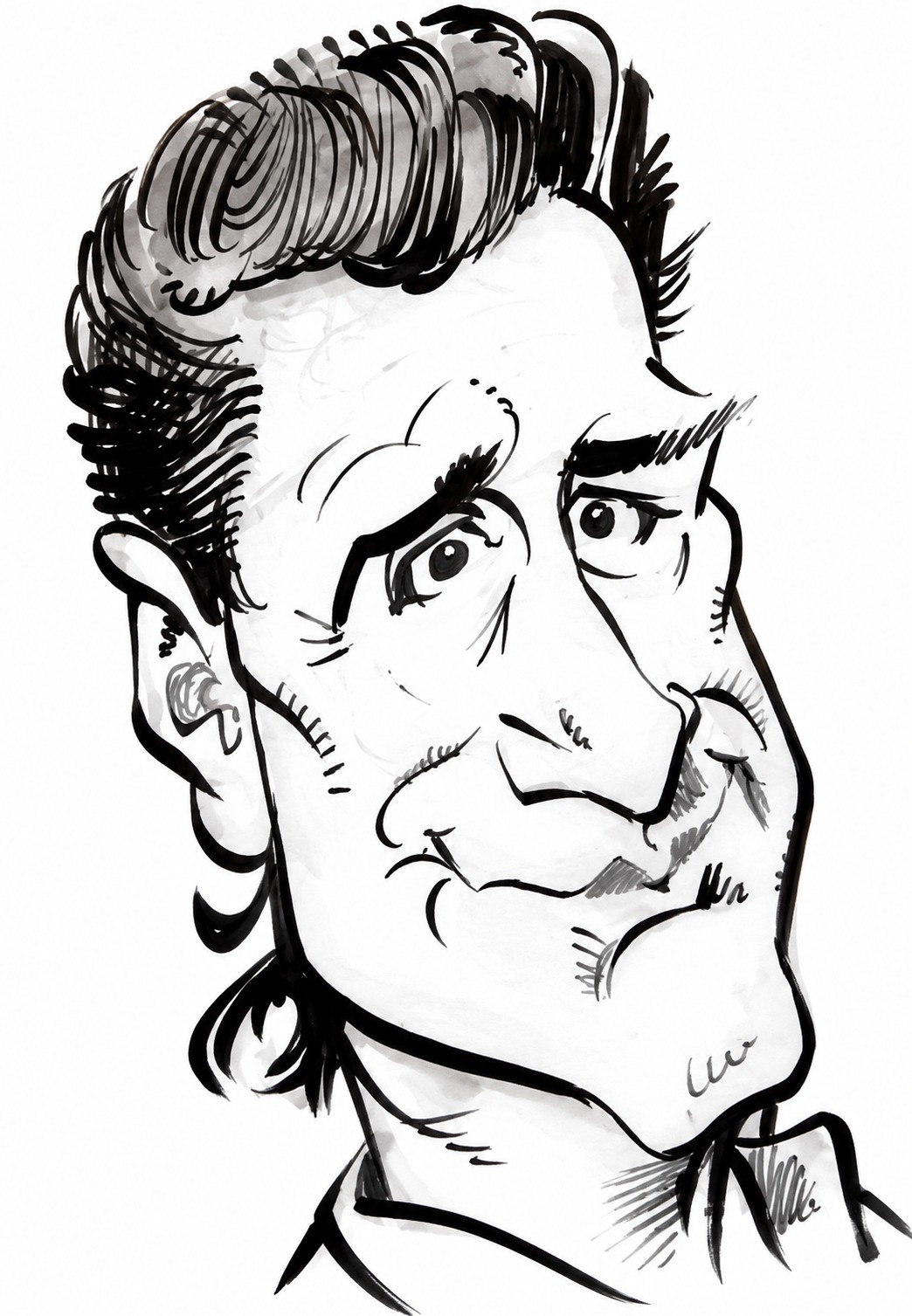 Black-and-white caricature of a man with a tall pompadour hairstyle