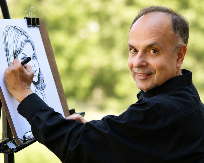 Martin Tremblay drawing a caricature at his easel