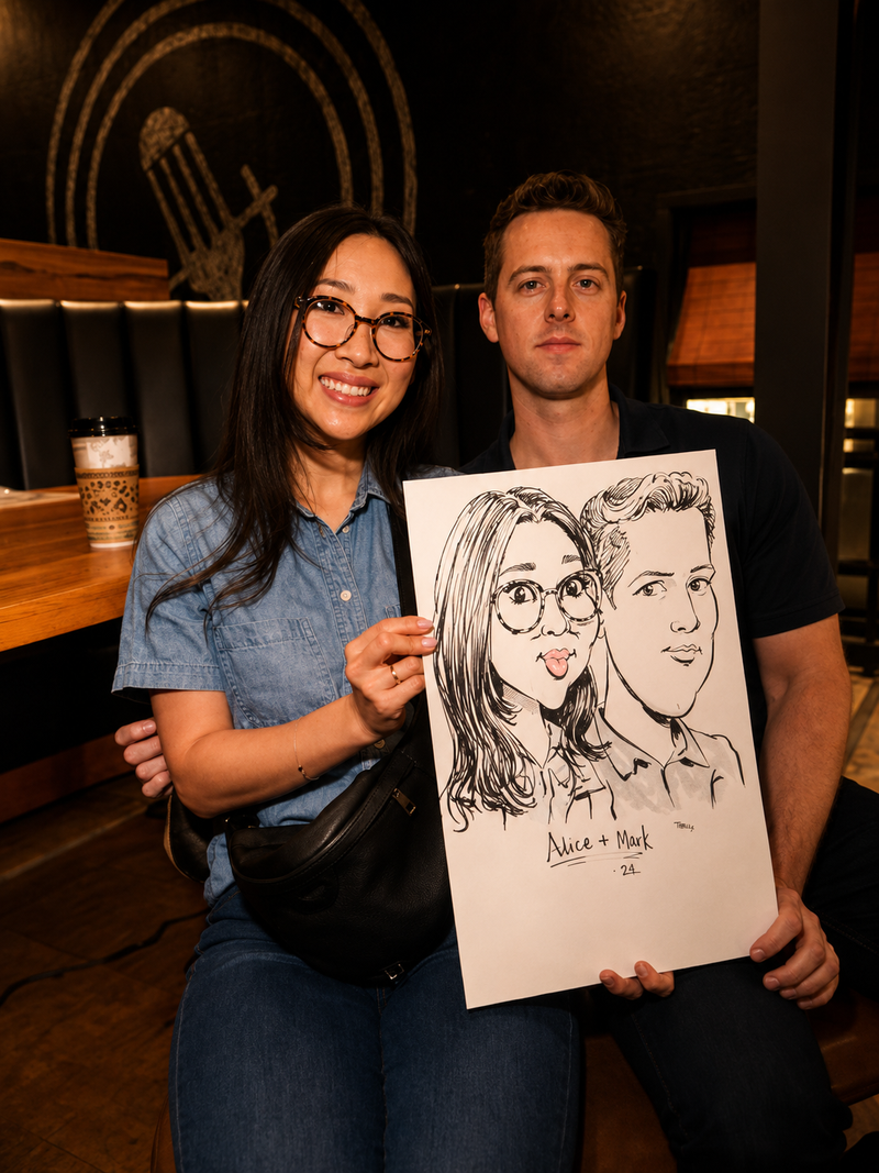 Couple holding a duo caricature keepsake at a corporate networking mixer