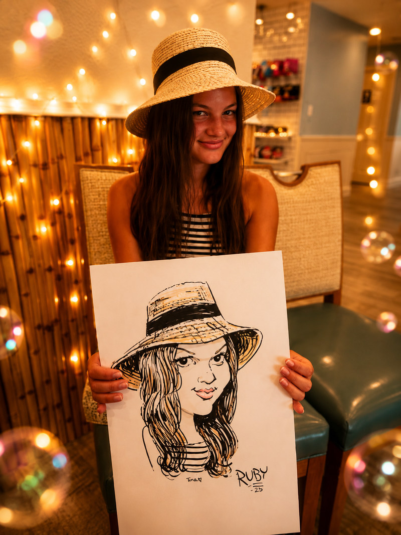 Young woman in a straw hat holding her colorful caricature at a family celebration