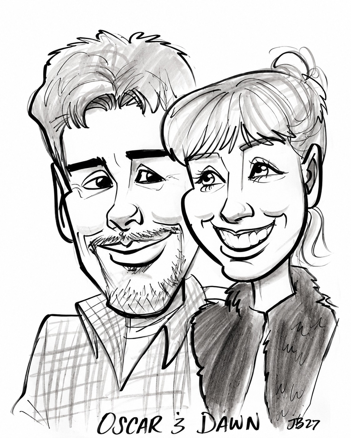 Black-and-white duo caricature of Oscar and Dawn by Jonathan