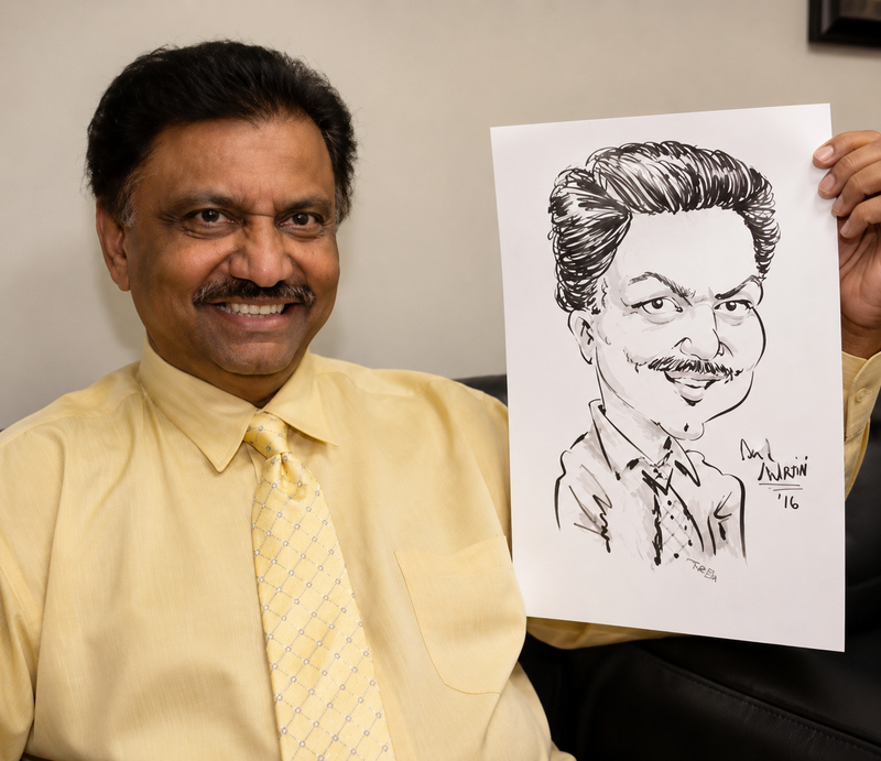 Executive holding his black-and-white caricature keepsake in the office