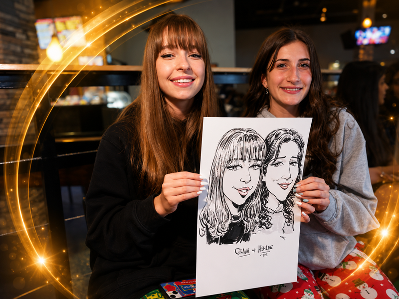 Two students smiling with their caricature at a campus restaurant