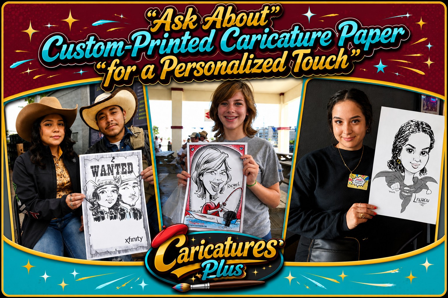 Ask about custom-printed caricature paper for a personalized touch