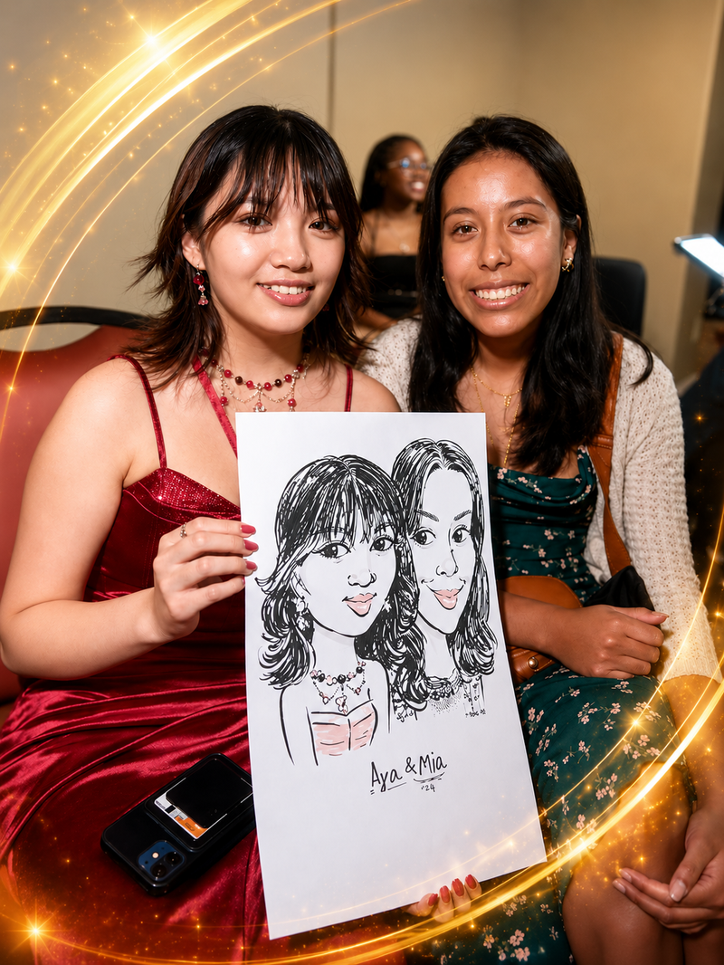 Two friends in formal dresses holding a duo caricature at prom
