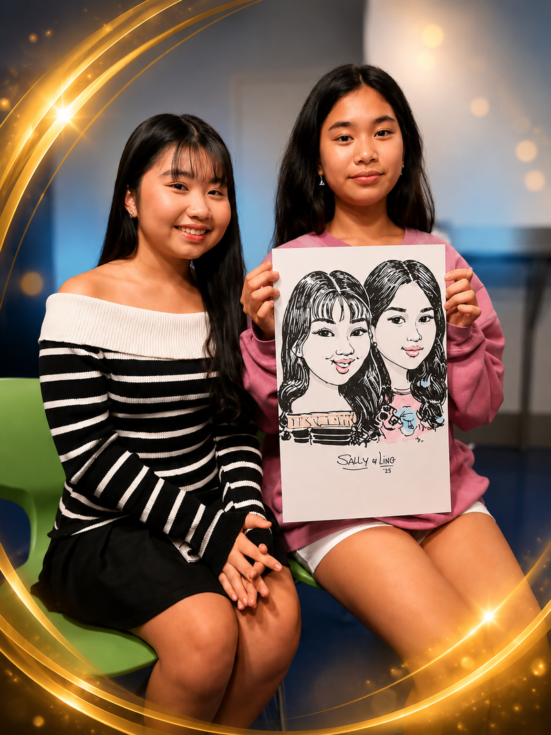 Two friends seated together holding a black-and-white duo caricature