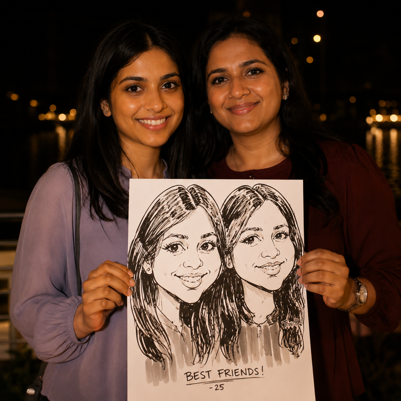 Two best friends holding a black-and-white duo caricature on a riverside evening