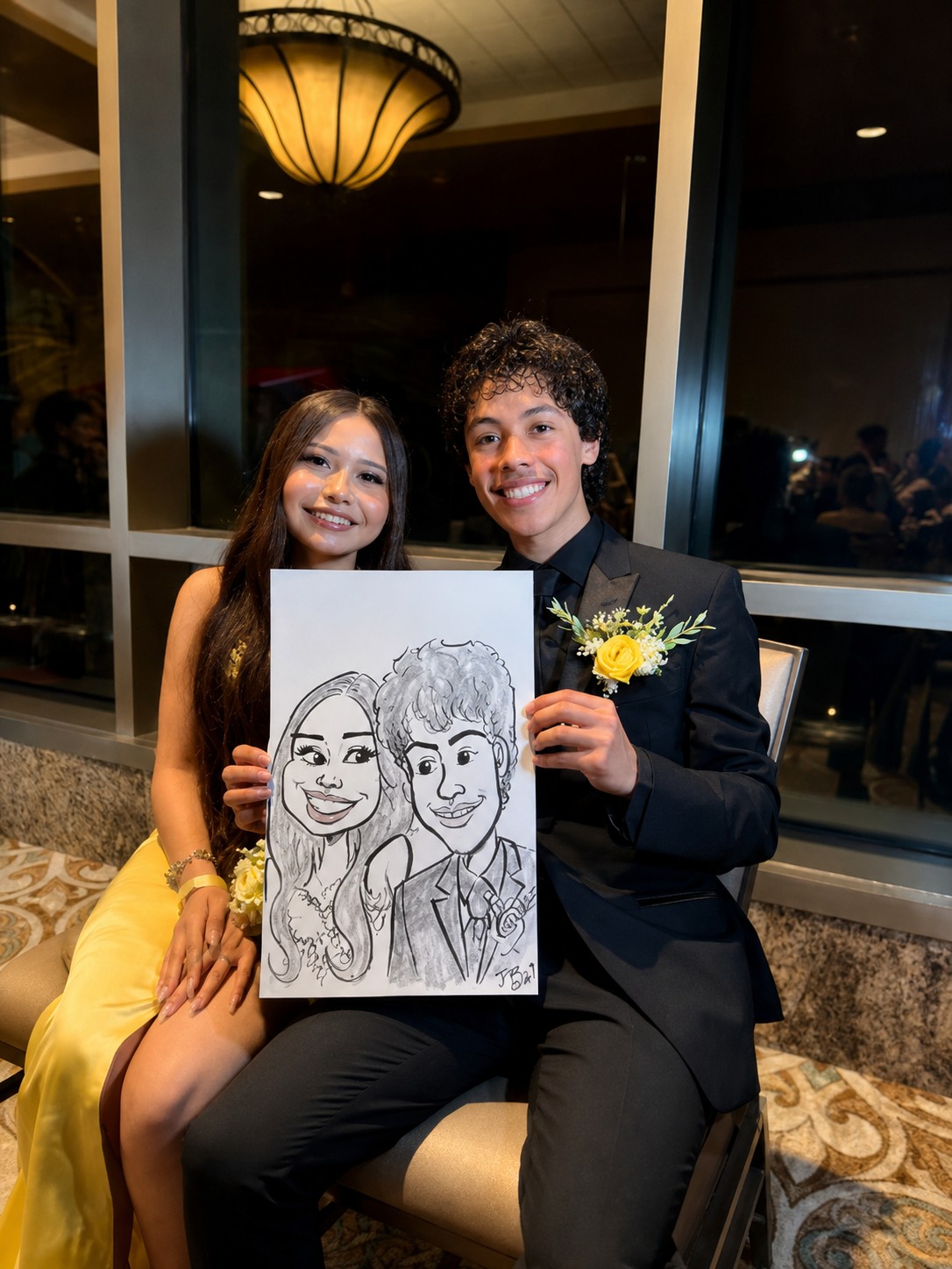 Young couple at a formal event holding a black-and-white duo caricature by Jonathan