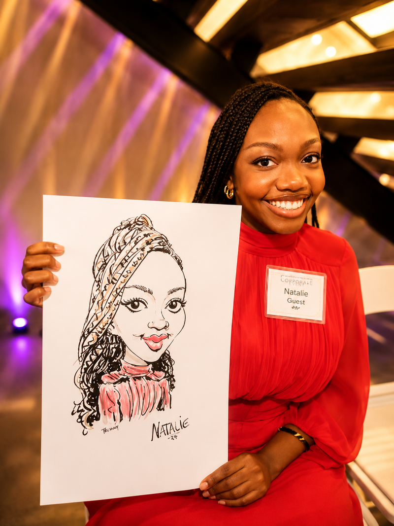 Woman in red dress holding her color caricature at an evening community gala