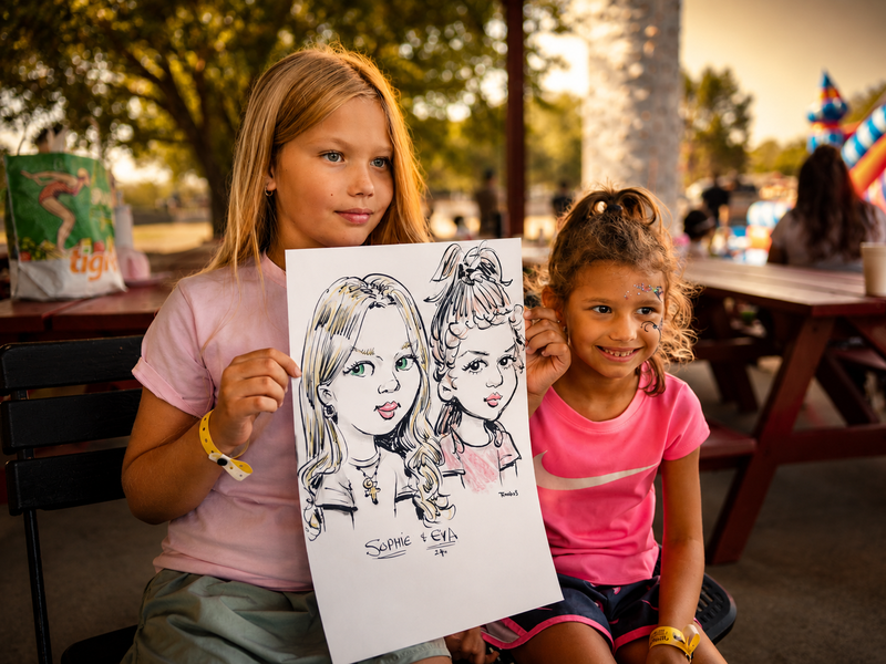Two girls holding a duo caricature at a company family picnic