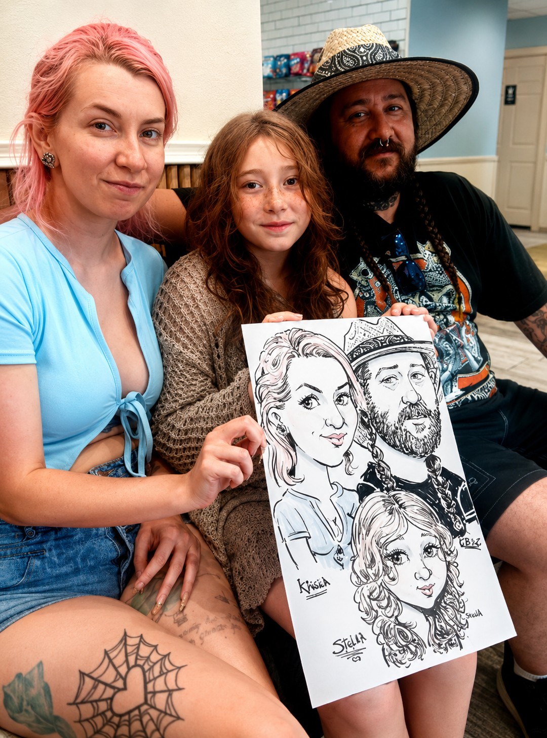A family of three holding a black-and-white caricature during a Galveston vacation