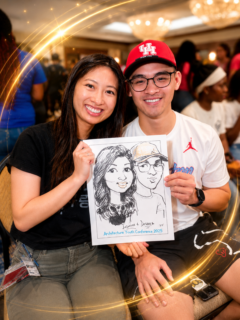 Couple at the Archdiocesan Youth Conference holding their caricature