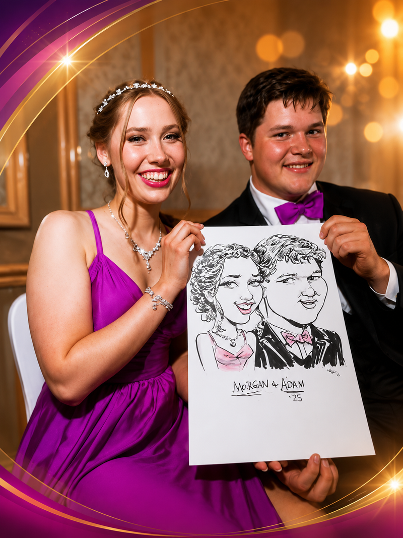 Prom couple in formal wear holding their caricature keepsake