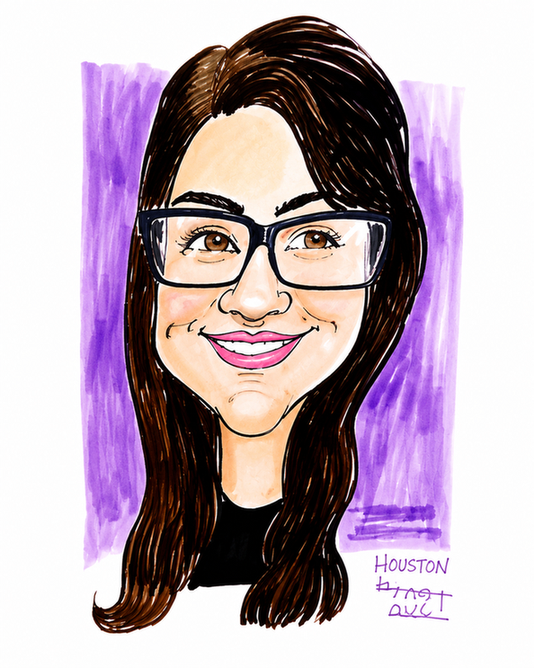 Color caricature of a woman with glasses on a purple background, signed Houston