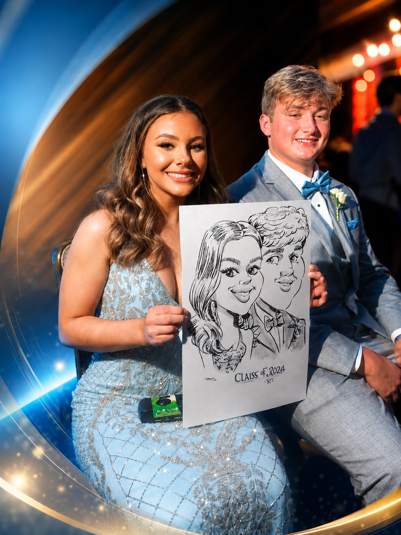 Prom couple in blue formalwear holding a Class of 2024 caricature