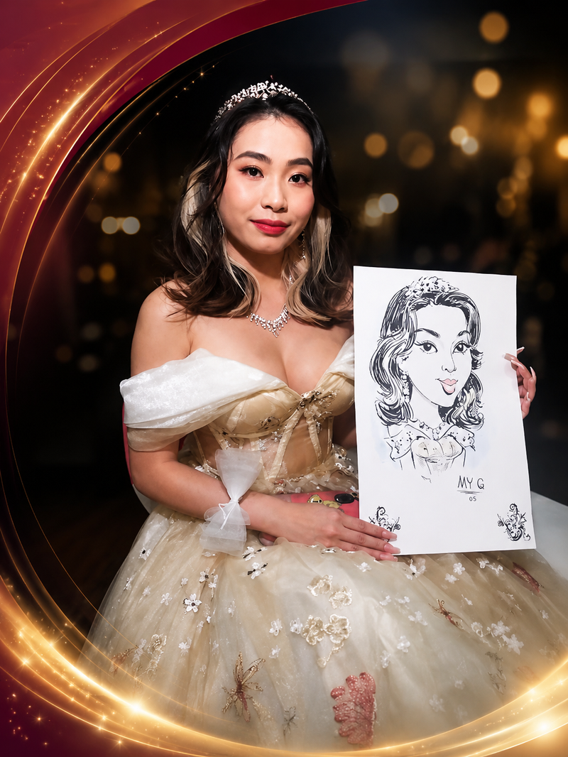 Young woman in a gold gown holding her caricature at a Houston-area prom