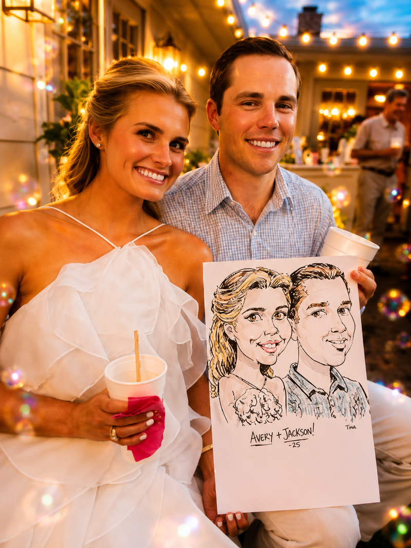 Wedding couple holding a color caricature at an outdoor evening reception