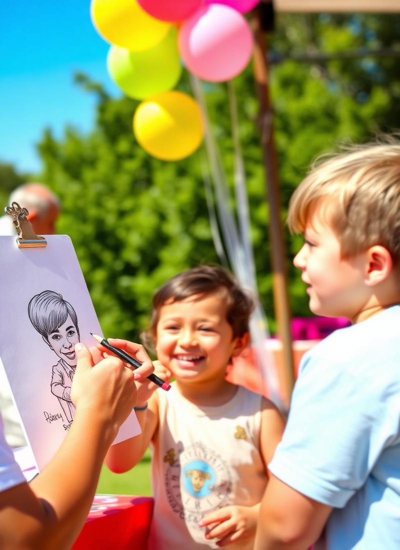 Artist drawing a happy child at an outdoor birthday party