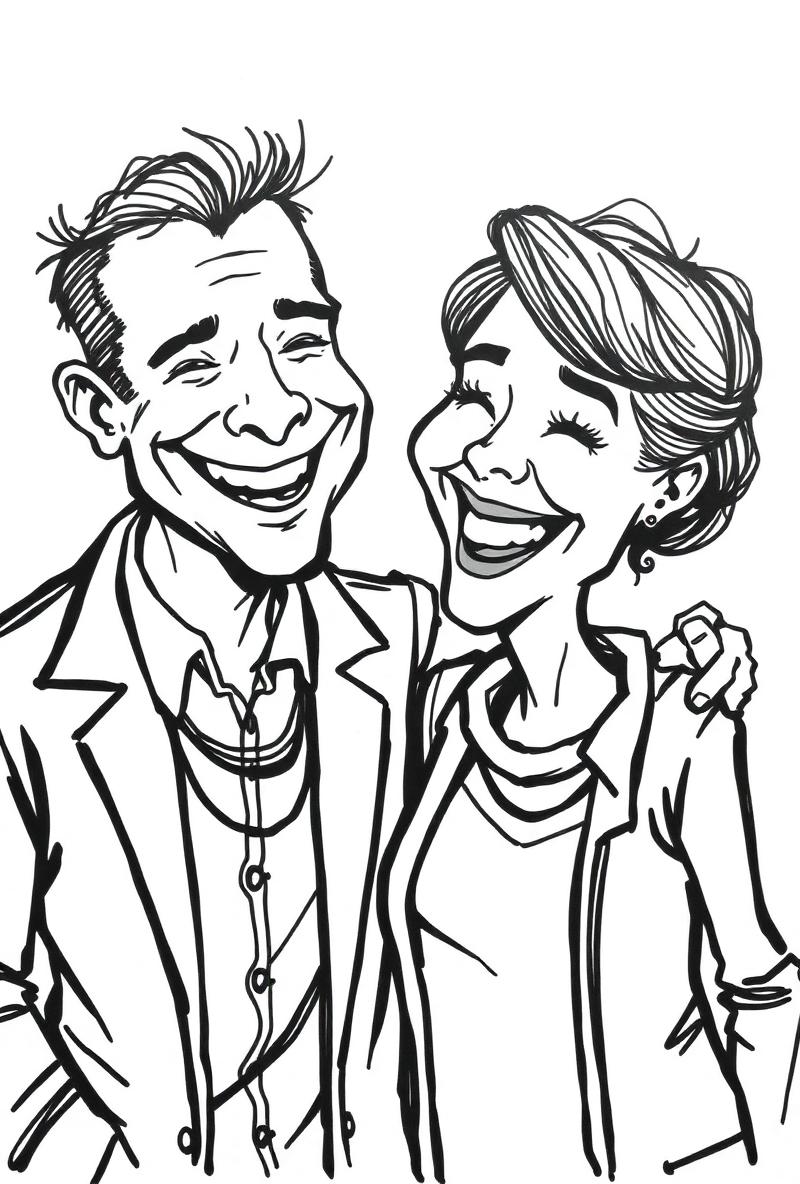 Black and white ink caricature of a laughing couple