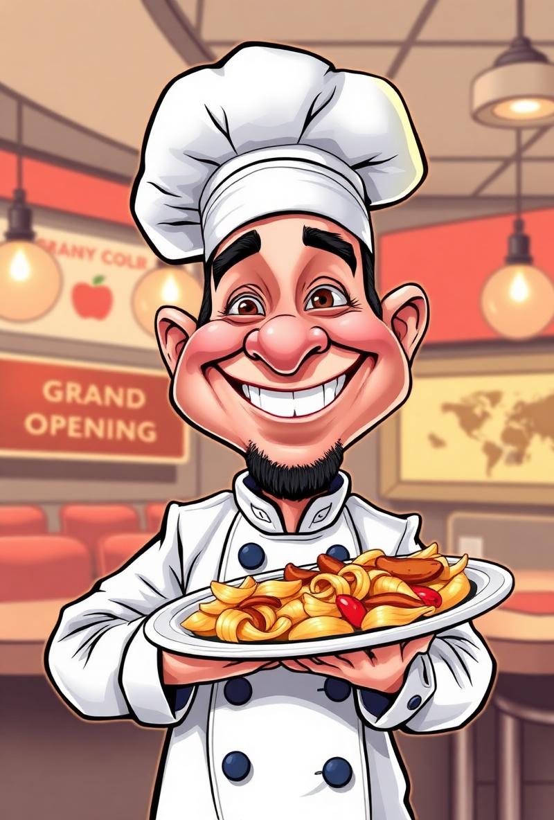 Color caricature of a smiling chef for a restaurant grand opening