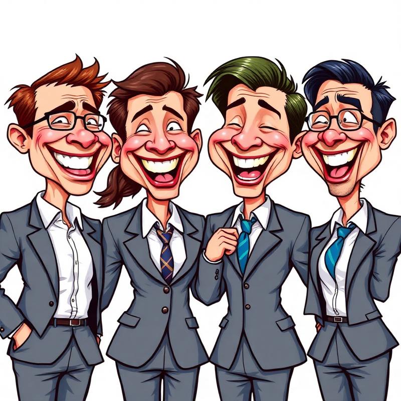 Group caricature of four corporate colleagues laughing