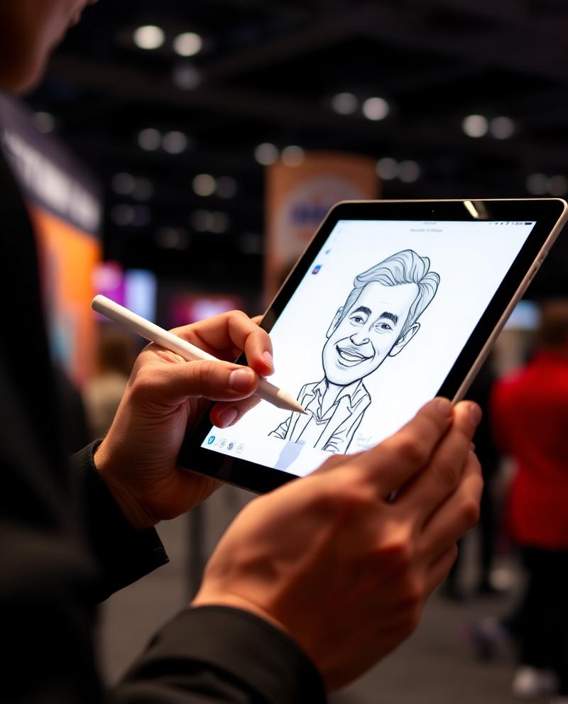 Caricature artist drawing live on an iPad at a trade show