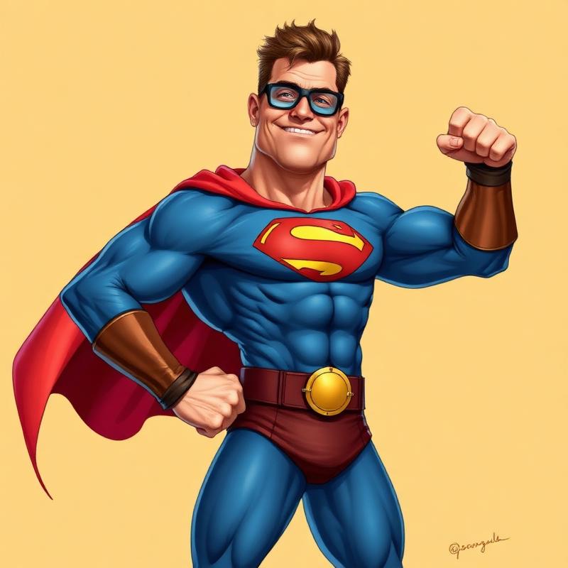Color digital caricature of a man dressed as a superhero
