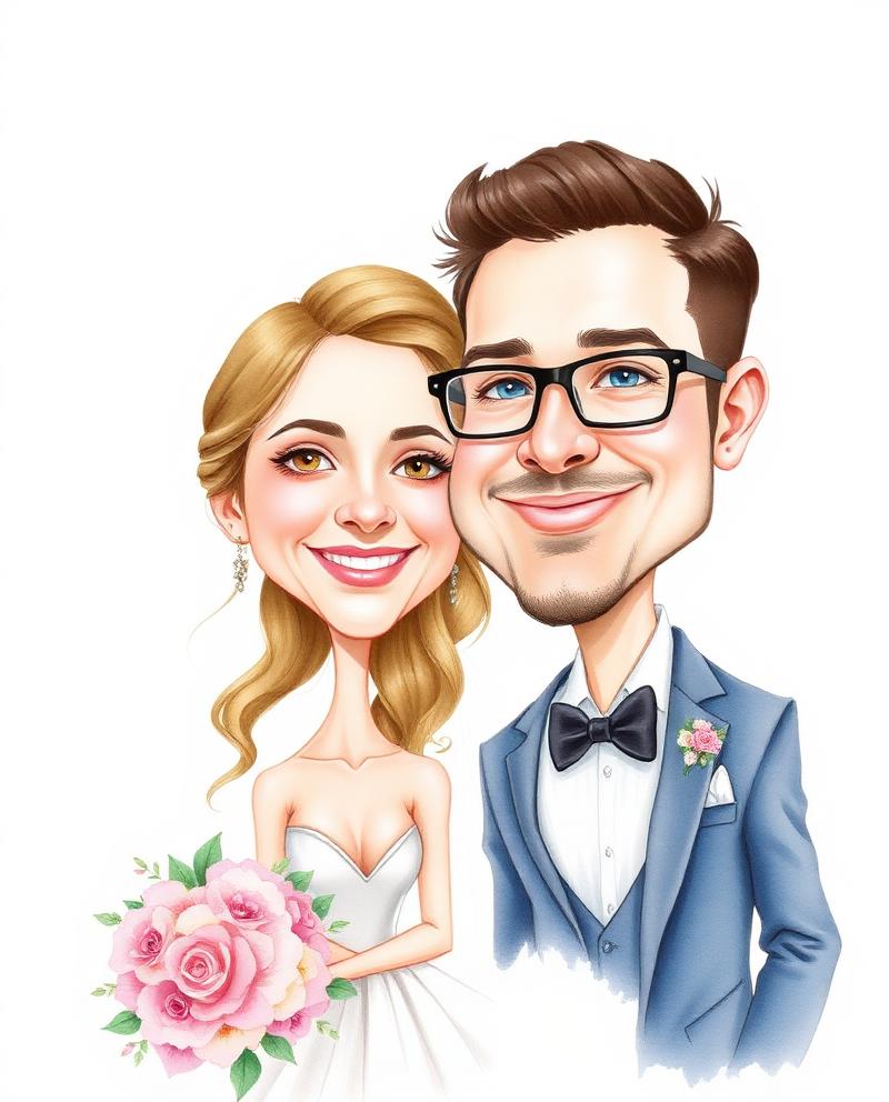 Watercolor caricature portrait of a wedding bride and groom